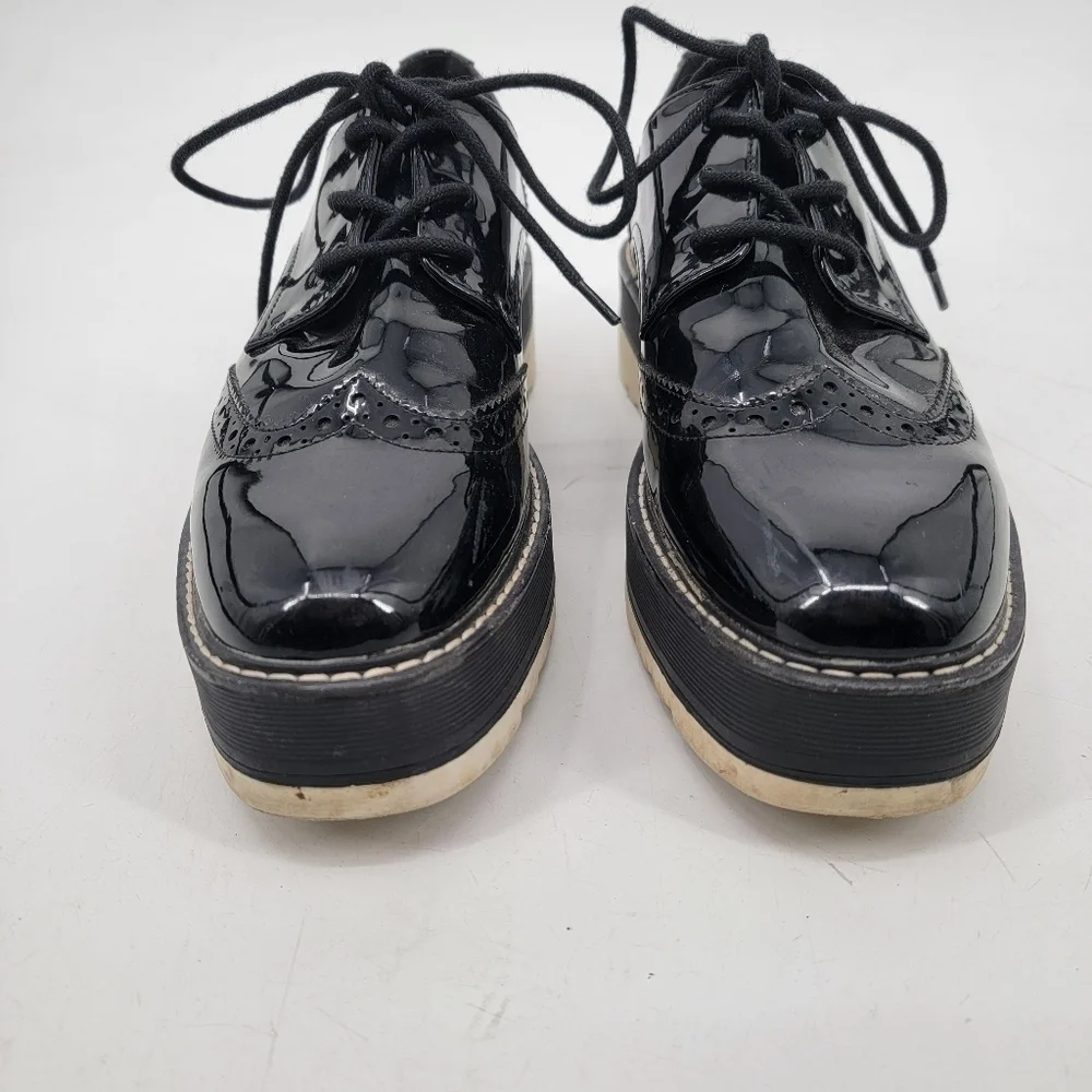 Zara Black Patent Leather Platform Oxford Derby Creepers Size 40 Dark Academia